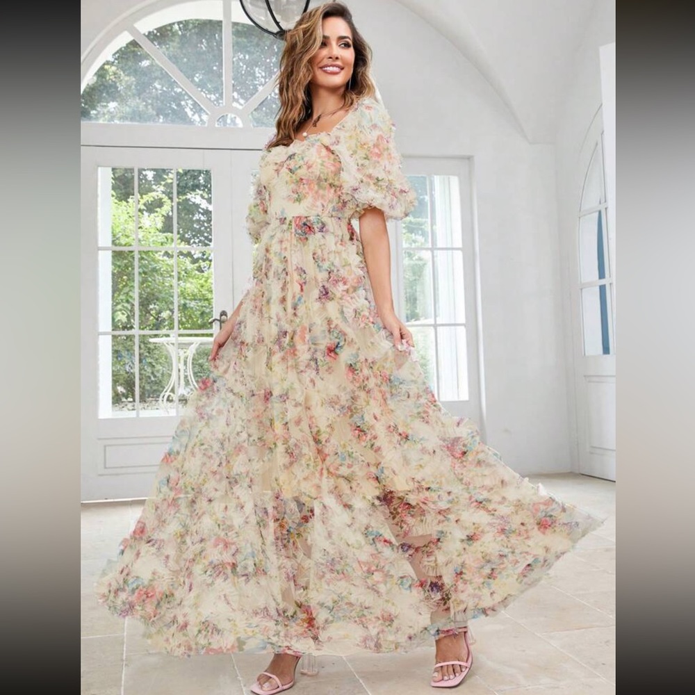 Floral puff sleeve mesh dress overlay dress maxi